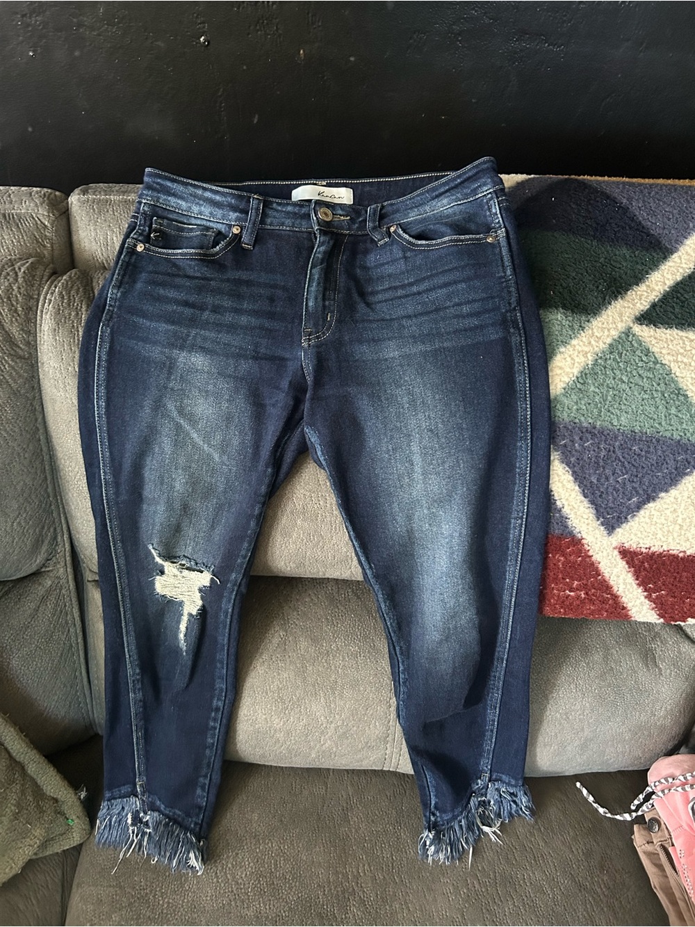 KanCan Dark Blue Distressed Ankle Jeans with Frayed Hem